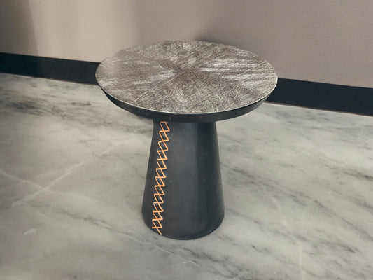 Le Crotoy End Tables (2-Pack), Black, Textured Brushed Metal Round Top, Orange Saddle Stitch Pedestal