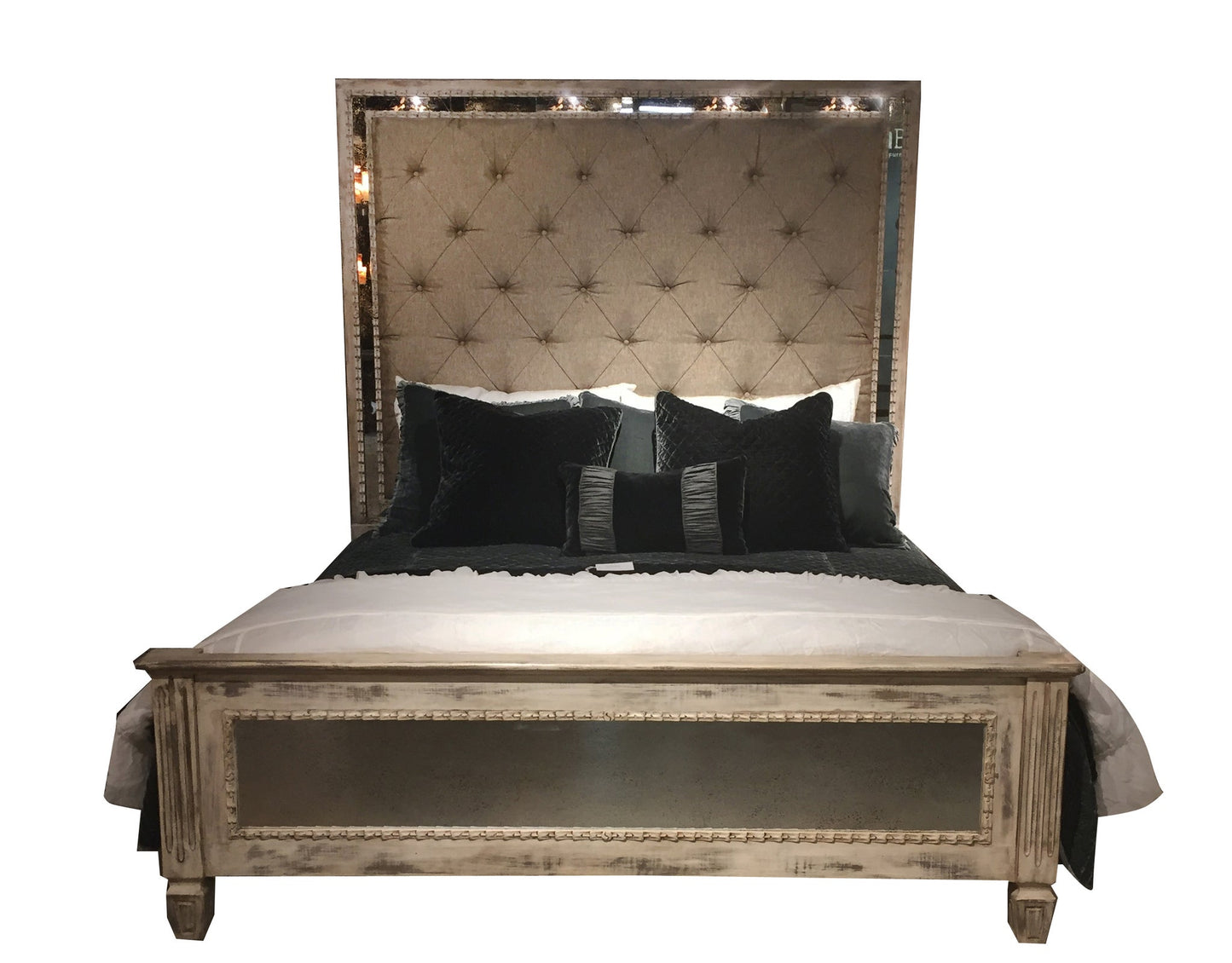 MADELEINE BED KING 87" Tall | Antique Mirror Details | Tufted Fabric Headboard | White Wood Frame | Bed Only | Includes Delivery and Assembly