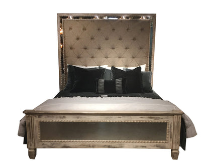 MADELEINE BED KING 87" Tall | Antique Mirror Details | Tufted Fabric Headboard | White Wood Frame | Bed Only | Includes Delivery and Assembly