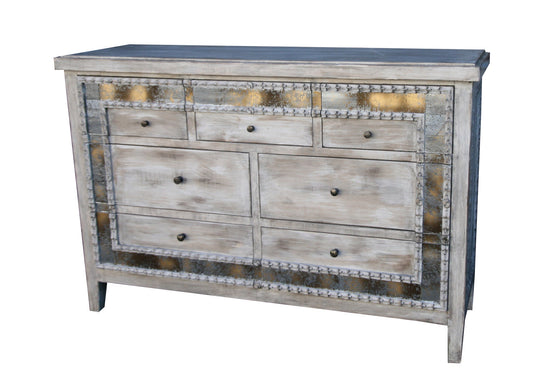 Lautrec Dresser, Weathered Gray, Distressed Finish With Mirrored Panels And Beaded Trim
