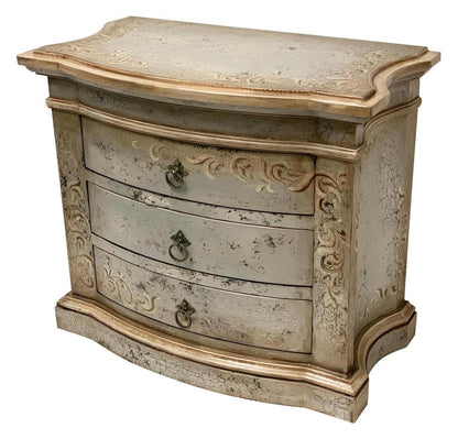 Meursault Nightstand, Distressed Silver Finish, Ornate Scrollwork and Curved Front Design