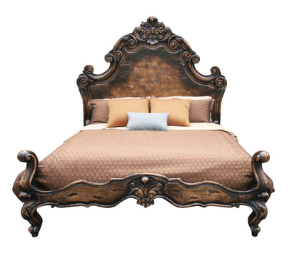 MARQUEZA KING BED 87" Tall | Luxury French European Style | Rustic Brown Hand Carved Solid Wood | Bed Only | Includes Delivery and Assembly