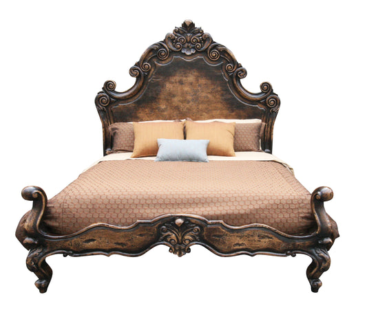 MARQUEZA KING BED 87" Tall | Luxury French European Style | Rustic Brown Hand Carved Solid Wood | Bed Only | Includes Delivery and Assembly