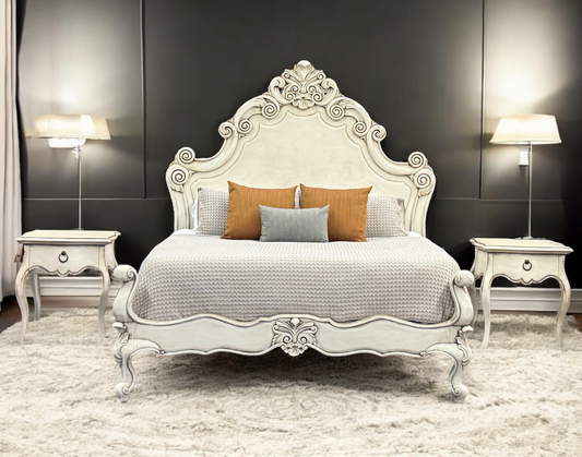MARQUEZA KING BED 87" Tall | Luxury French European Style with Waxed Off-White Finish | Bed Only | Includes Delivery and Assembly