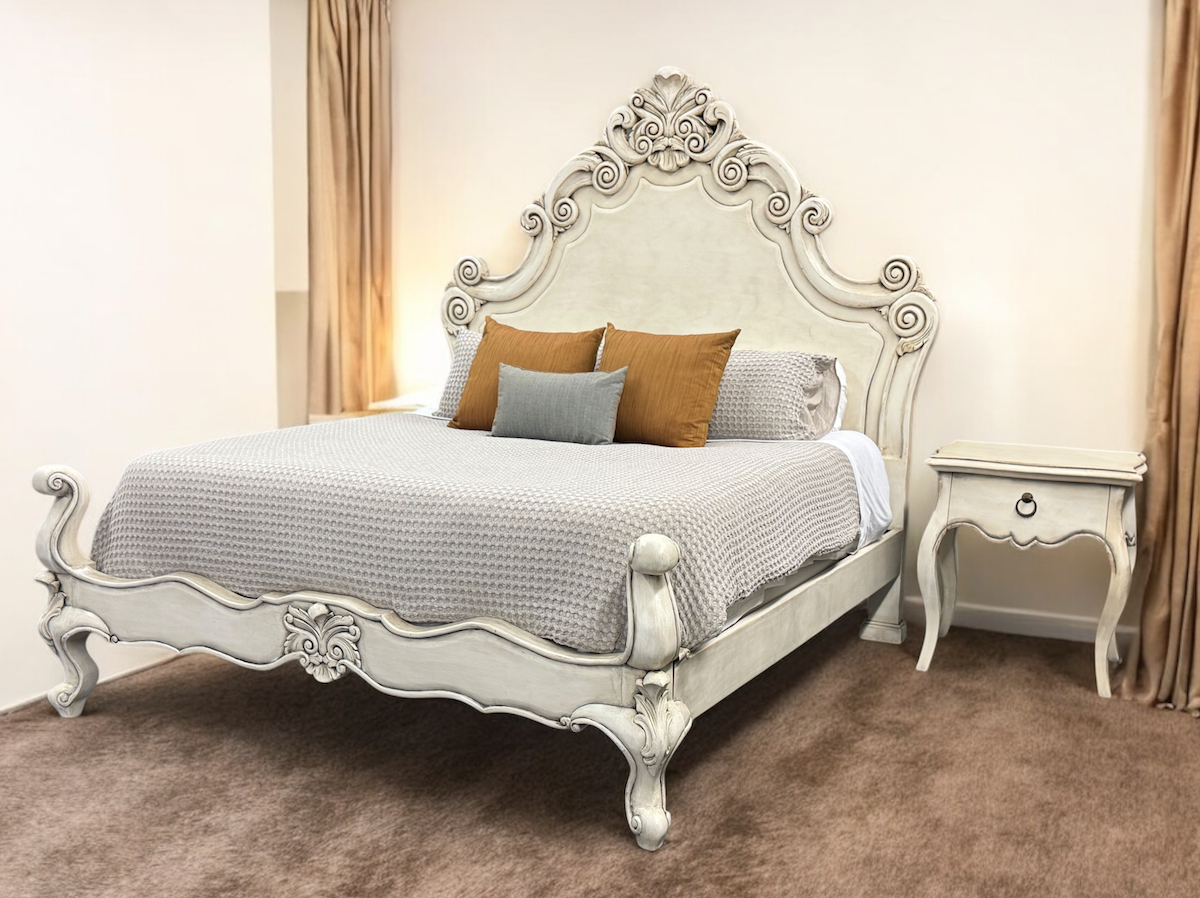 MARQUEZA KING BED 87" Tall | Luxury French European Style with Waxed Off-White Finish | Bed Only | Includes Delivery and Assembly