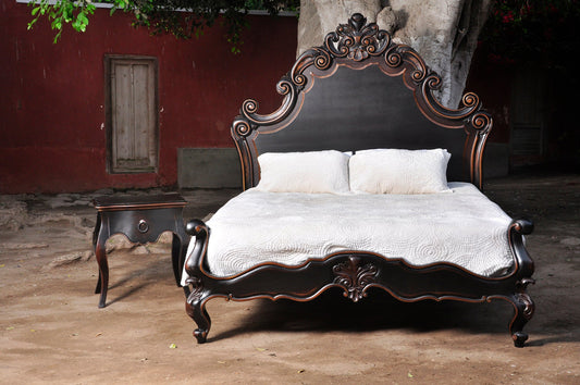 MARQUEZA KING BED 87" Tall | Luxury French European Style | Dark Brown Hand Carved Solid Wood | Bed Only | Includes Delivery and Assembly