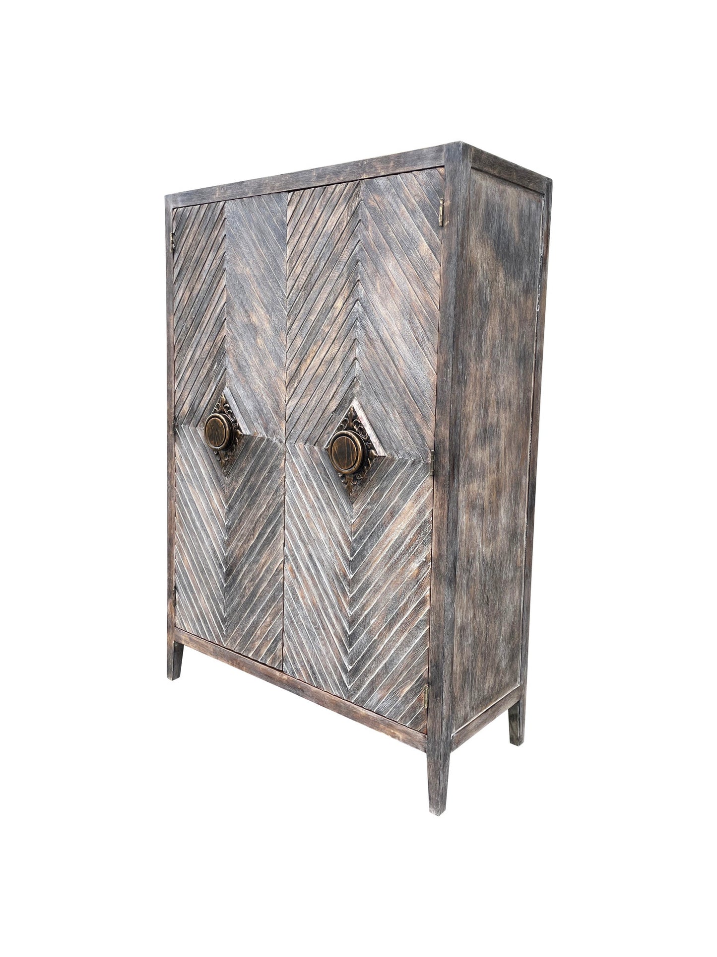 Apt Armoire, Dark Walnut, Chevron Wood Front With Antique Brass Knob