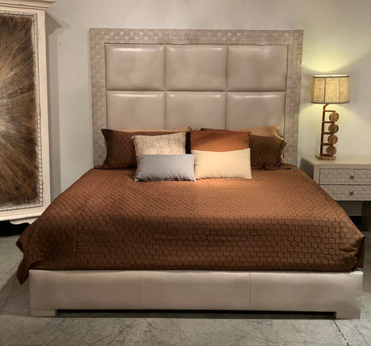 MILAN MODERN PLATFORM KING BED 76" Tall | Headboard Features Tan Leather Upholstered Panels with Woven Border | Bed Only | Includes Delivery and Assembly