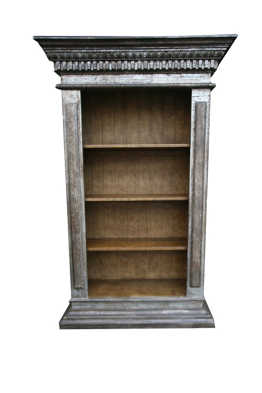 Cordes-sur-Ciel Bookcase, Weathered Gray, Four-Shelf Open Design With Vintage Appeal