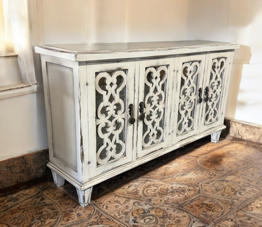 Selles-sur-Cher Distressed White European Style Elegant Handcrafted Dining Room Buffet Table 18 x 72 x 40