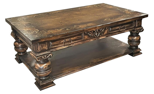 Nontron Coffee Table - Rectangle, Dark Walnut Finish, Two-Tier Open Shelf And Hand-Carved Detailing