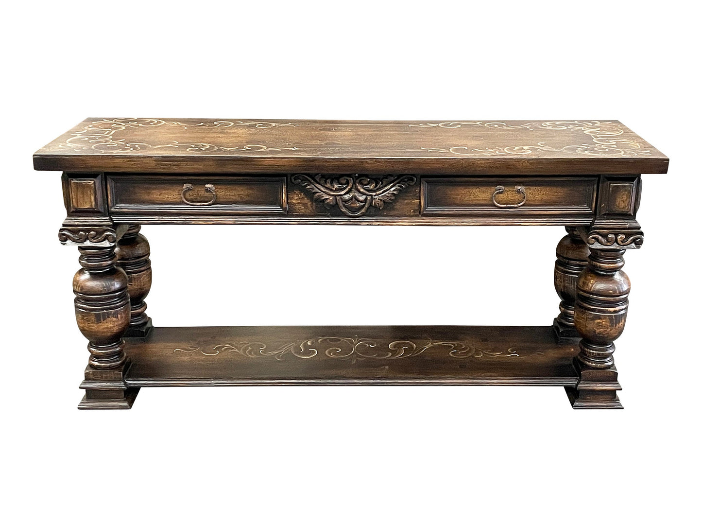 Sisteron Console Table, Dark Walnut, Hand-Carved Ornate Detailing
