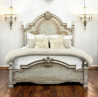 MONTELENA KING BED RUSTIC SILVER 87.5" Tall | Disressed French European Style | Carved Solid Wood Frame | Bed Only | Includes Delivery and Assembly