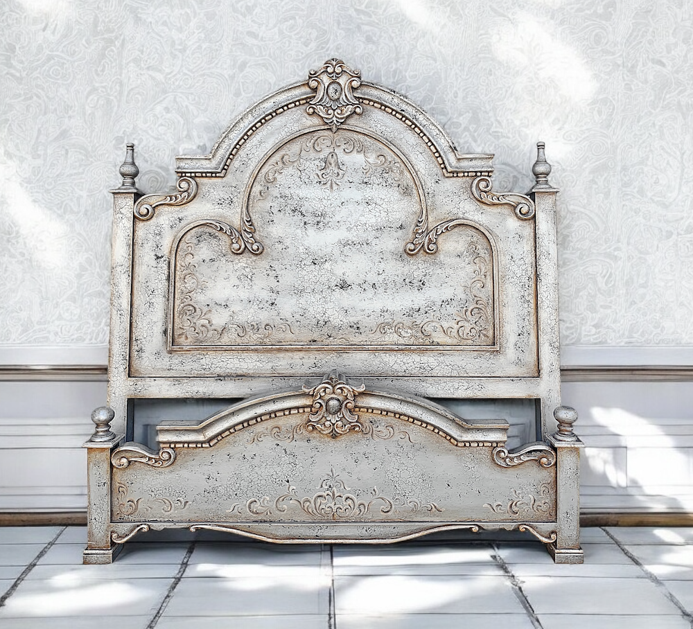 MONTELENA KING BED RUSTIC SILVER 87.5" Tall | Disressed French European Style | Carved Solid Wood Frame | Bed Only | Includes Delivery and Assembly