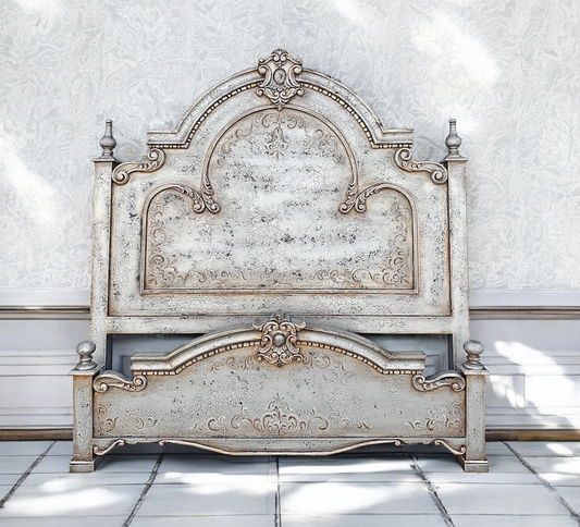 MONTELENA KING BED RUSTIC SILVER 87.5" Tall | Disressed French European Style | Carved Solid Wood Frame | Bed Only | Includes Delivery and Assembly