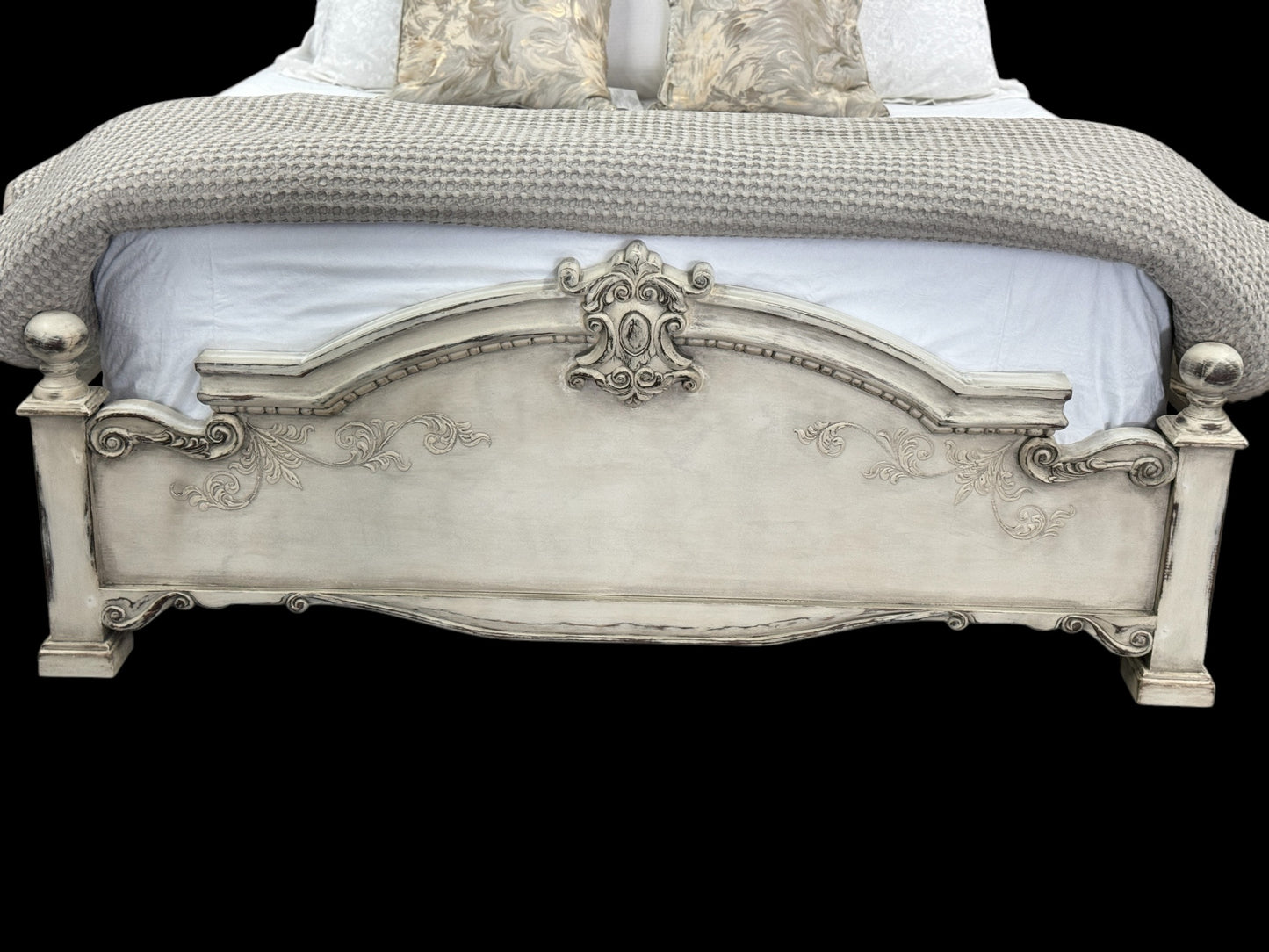 MONTELENA KING BED WAXED OFF-WHITE 87.5" Tall | Luxury French European Style | Carved Solid Wood Frame | Bed Only | Includes Delivery and Assembly