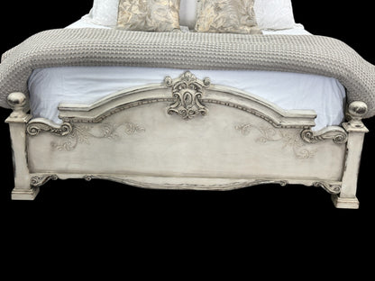 MONTELENA KING BED WAXED OFF-WHITE 87.5" Tall | Luxury French European Style | Carved Solid Wood Frame | Bed Only | Includes Delivery and Assembly
