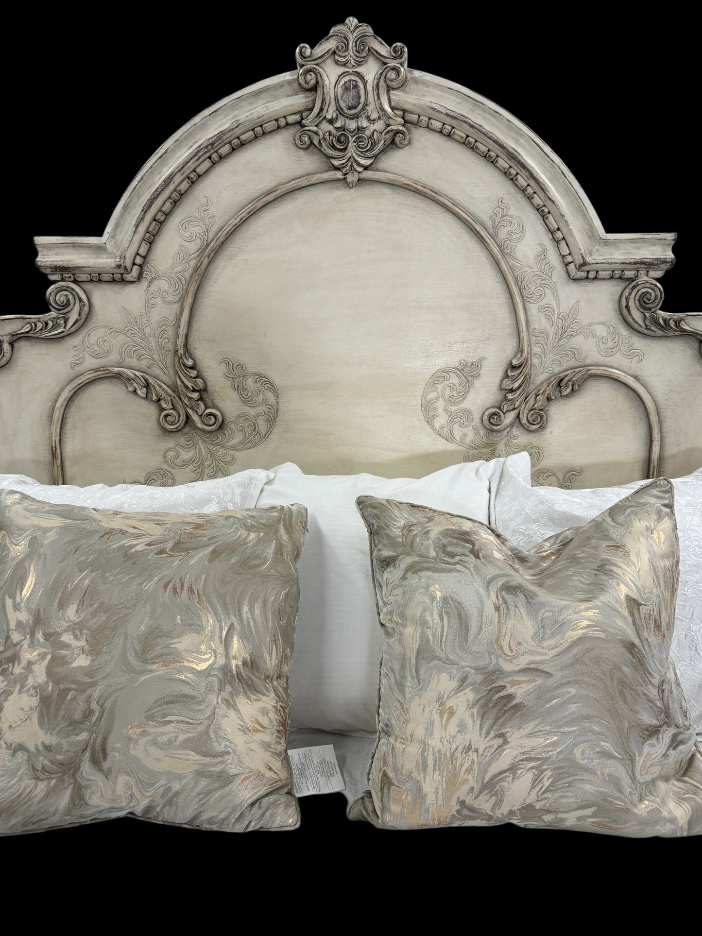 MONTELENA KING BED WAXED OFF-WHITE 87.5" Tall | Luxury French European Style | Carved Solid Wood Frame | Bed Only | Includes Delivery and Assembly
