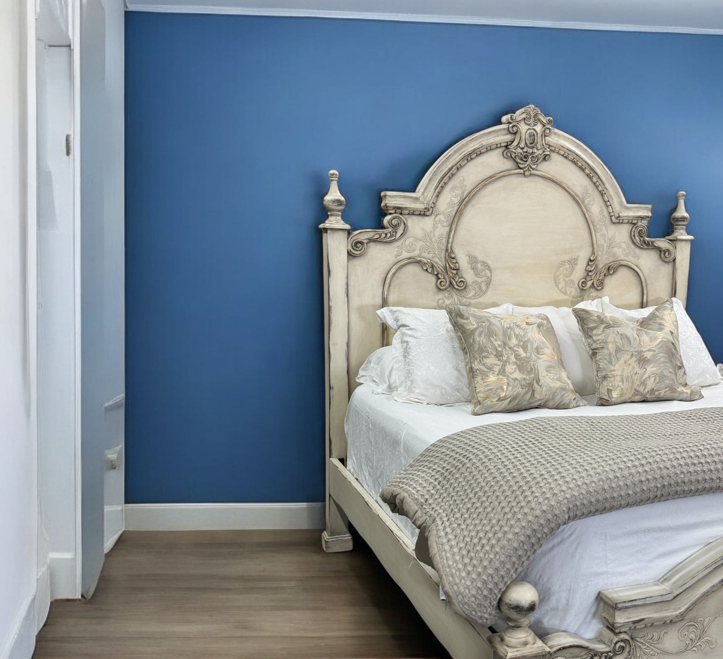 MONTELENA KING BED WAXED OFF-WHITE 87.5" Tall | Luxury French European Style | Carved Solid Wood Frame | Bed Only | Includes Delivery and Assembly