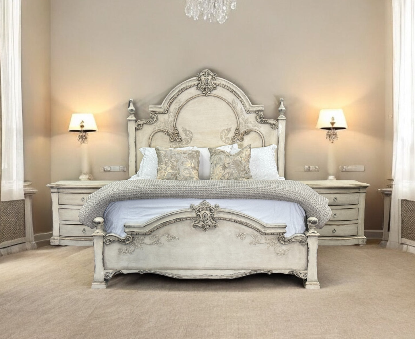 MONTELENA KING BED WAXED OFF-WHITE 87.5" Tall | Luxury French European Style | Carved Solid Wood Frame | Bed Only | Includes Delivery and Assembly