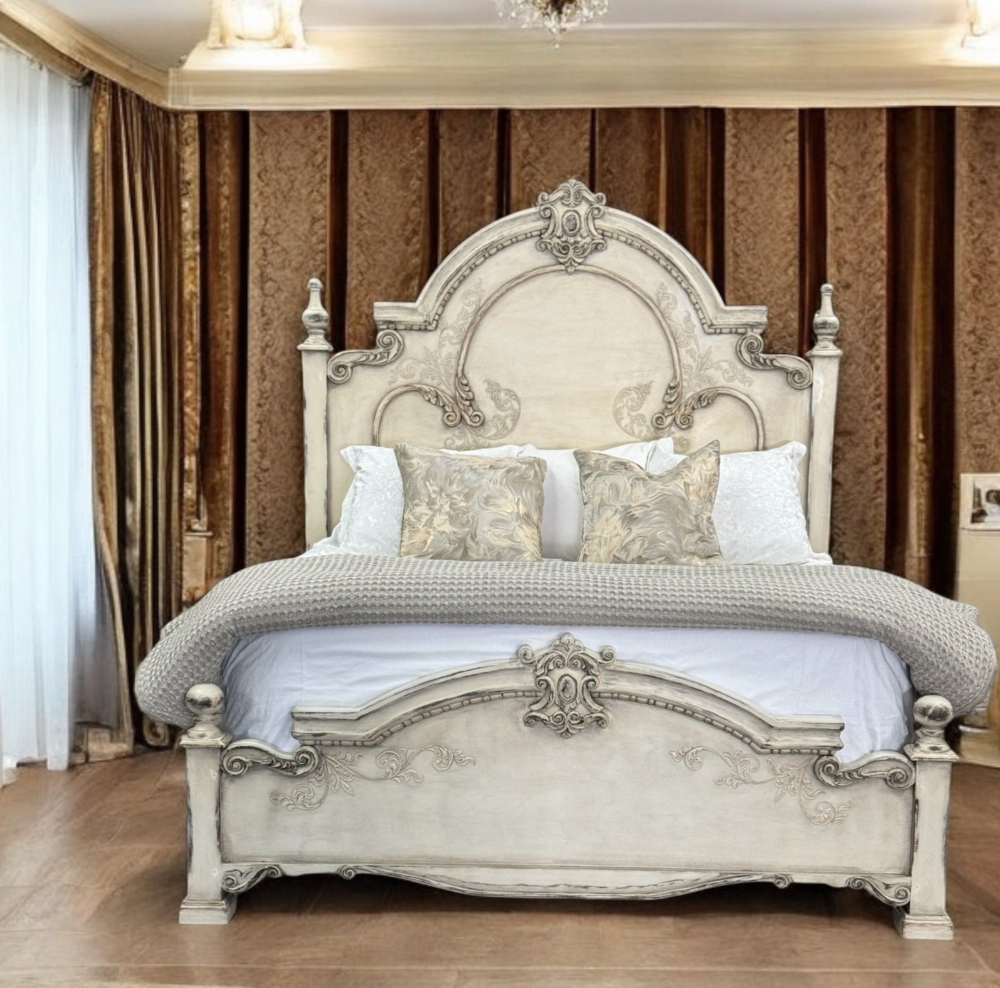 MONTELENA KING BED WAXED OFF-WHITE 87.5" Tall | Luxury French European Style | Carved Solid Wood Frame | Bed Only | Includes Delivery and Assembly