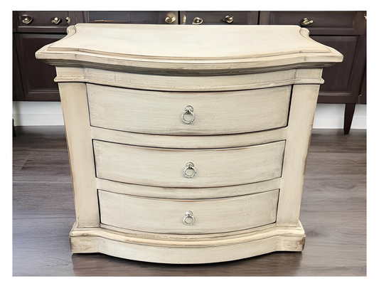 Celeste Nightstand, Cream, Distressed White-Washed Finish With Antique Ring Pulls, Hand-Painted Details