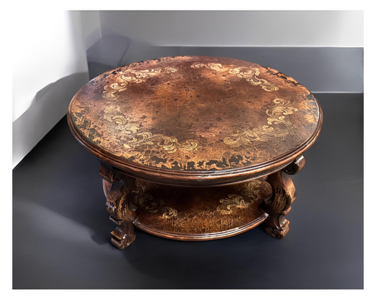 Rocamadour Coffee Table - Round, Antique Copper Brown, Two-Tier Round Shelves With Ornate Carved Legs