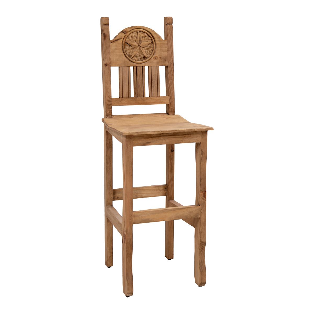 Rustic Light Honey Western Hand-Carved Wooden Barstools with Star Emblems in the Backrest (2 or 3-Pack) - 24 or 30 in - Counter or Bar Height