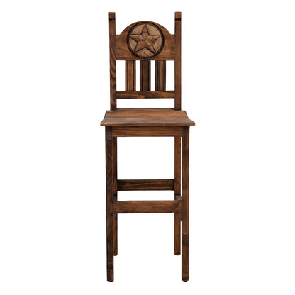 Hand-Carved Wooden Barstool with Back and Western Style Star Emblem Made of Stone in the Backrest (2 or 3-Pack) - 24 or 30 in