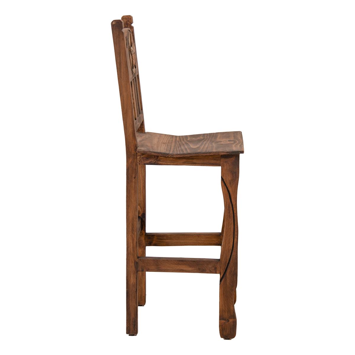 Hand-Carved Wooden Barstool with Back and Western Style Star Emblem Made of Stone in the Backrest (2 or 3-Pack) - 24 or 30 in
