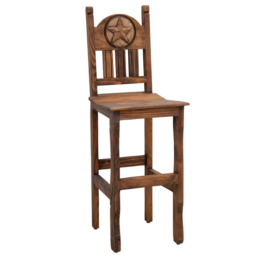 Hand-Carved Wooden Barstool with Back and Western Style Star Emblem Made of Stone in the Backrest (2 or 3-Pack) - 24 or 30 in