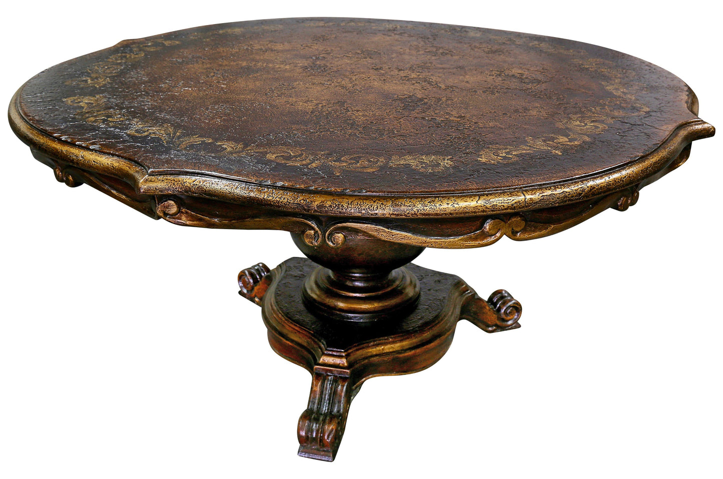 Carcassonne Dining Table - Round, Dark Brown Finish, Ornate Carved Pedestal Base