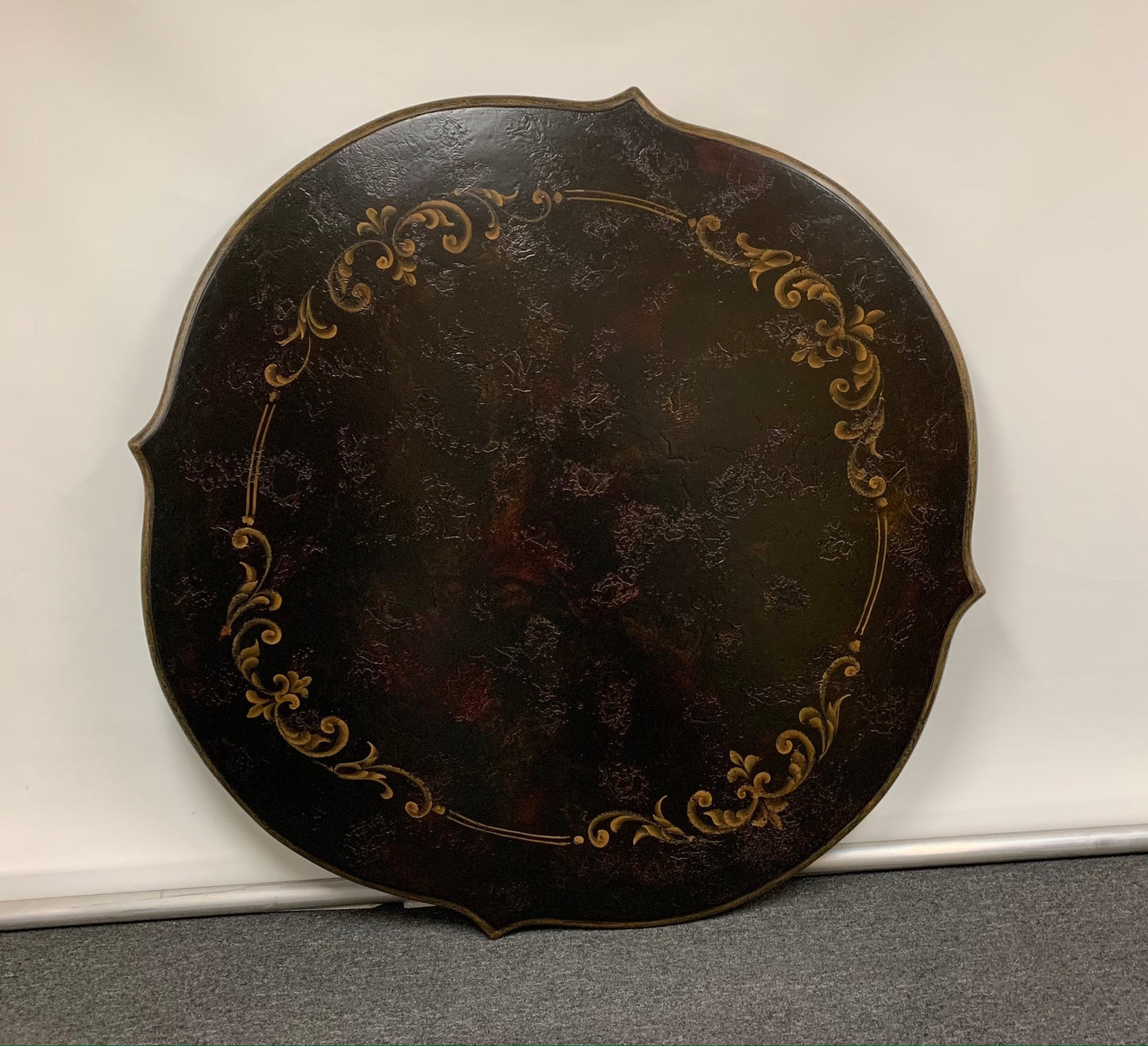 Collioure Dining Table - Round, Antique Black Finish, Hand-Painted Gold Filigree Detailing