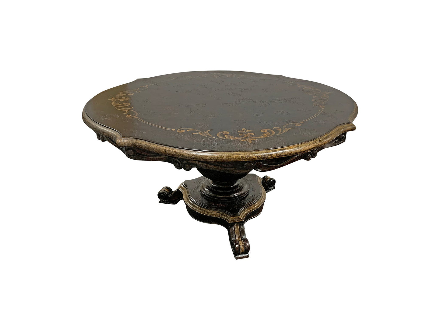 Collioure Dining Table - Round, Antique Black Finish, Hand-Painted Gold Filigree Detailing