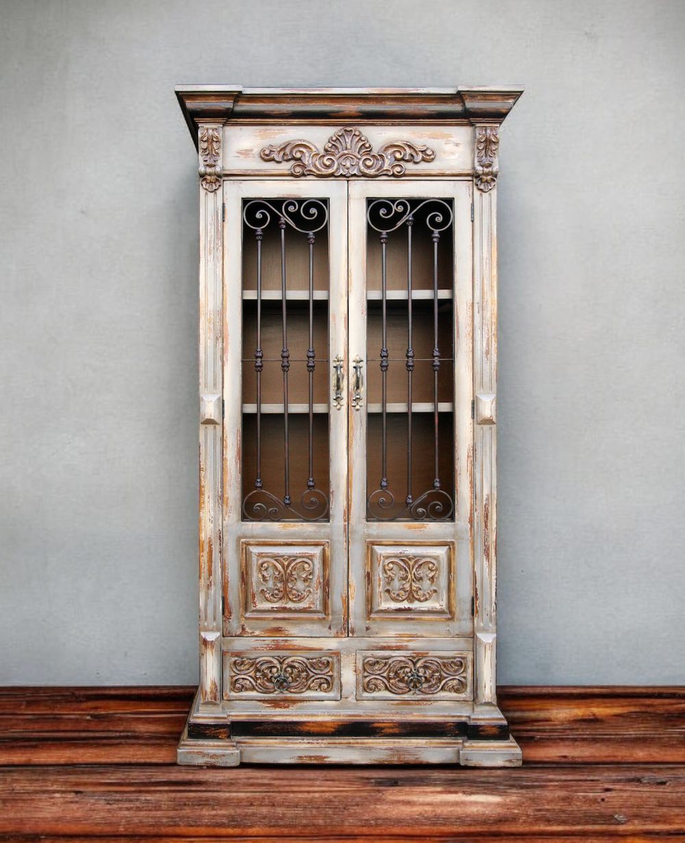 Autoire Armoire, Distressed White Finish, Ornate Carvings, Wrought Iron Grille Doors