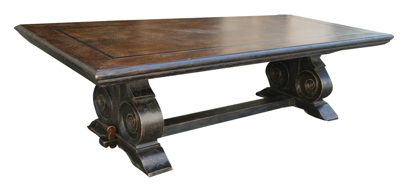 Valençay Dining Table - Rectangular, Dark Espresso, Hand-Carved Scroll Pedestal Base