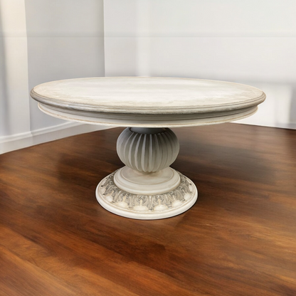 Blangy-le-Château Dining Table - Round, Antique White Distressed, Embossed Floral Edge