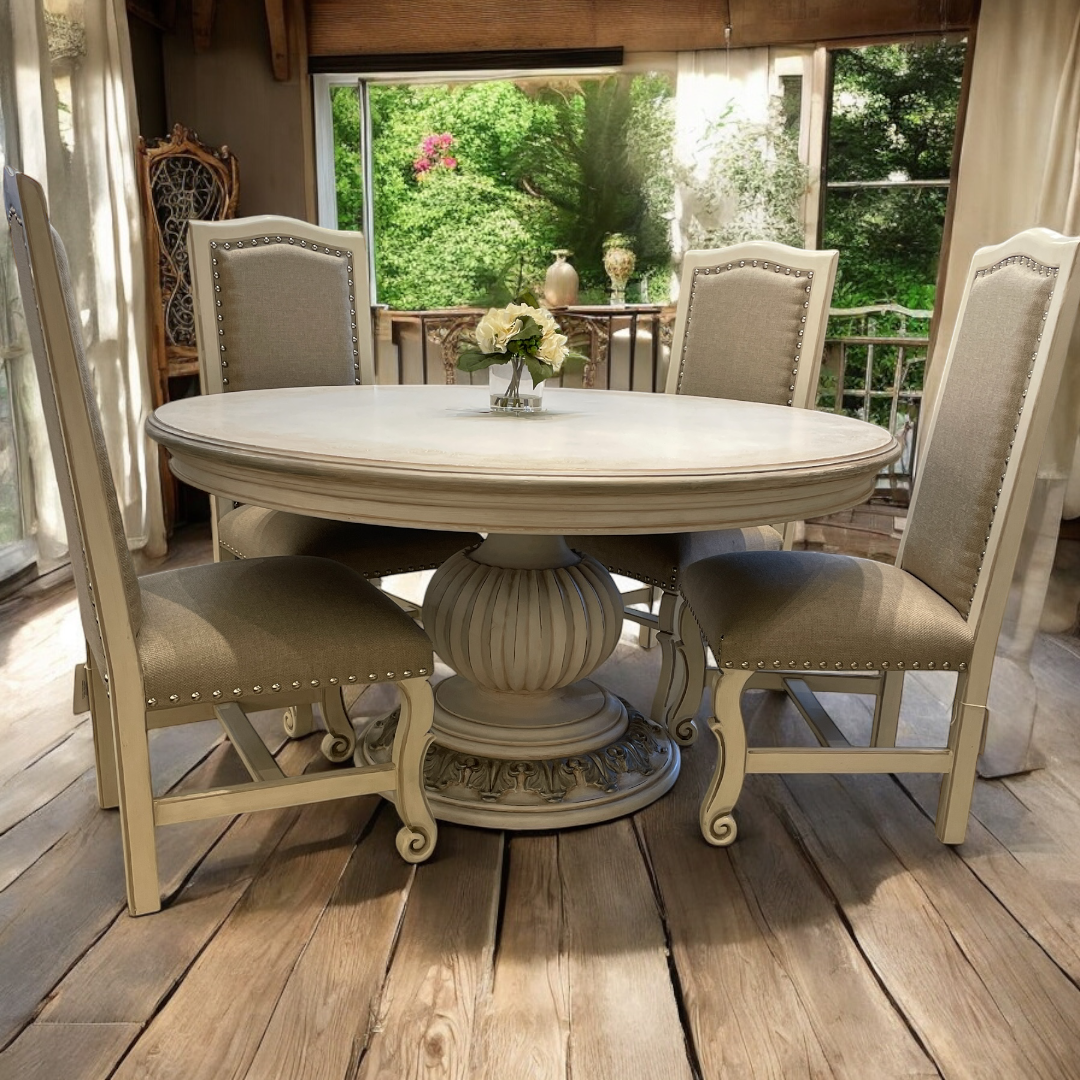 Blangy-le-Château Dining Table - Round, Antique White Distressed, Embossed Floral Edge