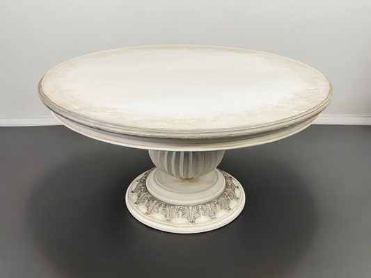 Blangy-le-Château Dining Table - Round, Antique White Distressed, Embossed Floral Edge