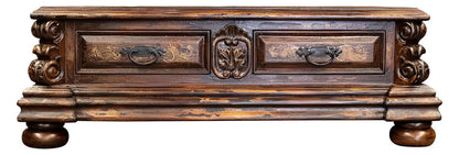 Quillan Coffee table - Rectangle, Antique Brown, Distressed Surface With Ornate Antique-Gold Floral Pattern