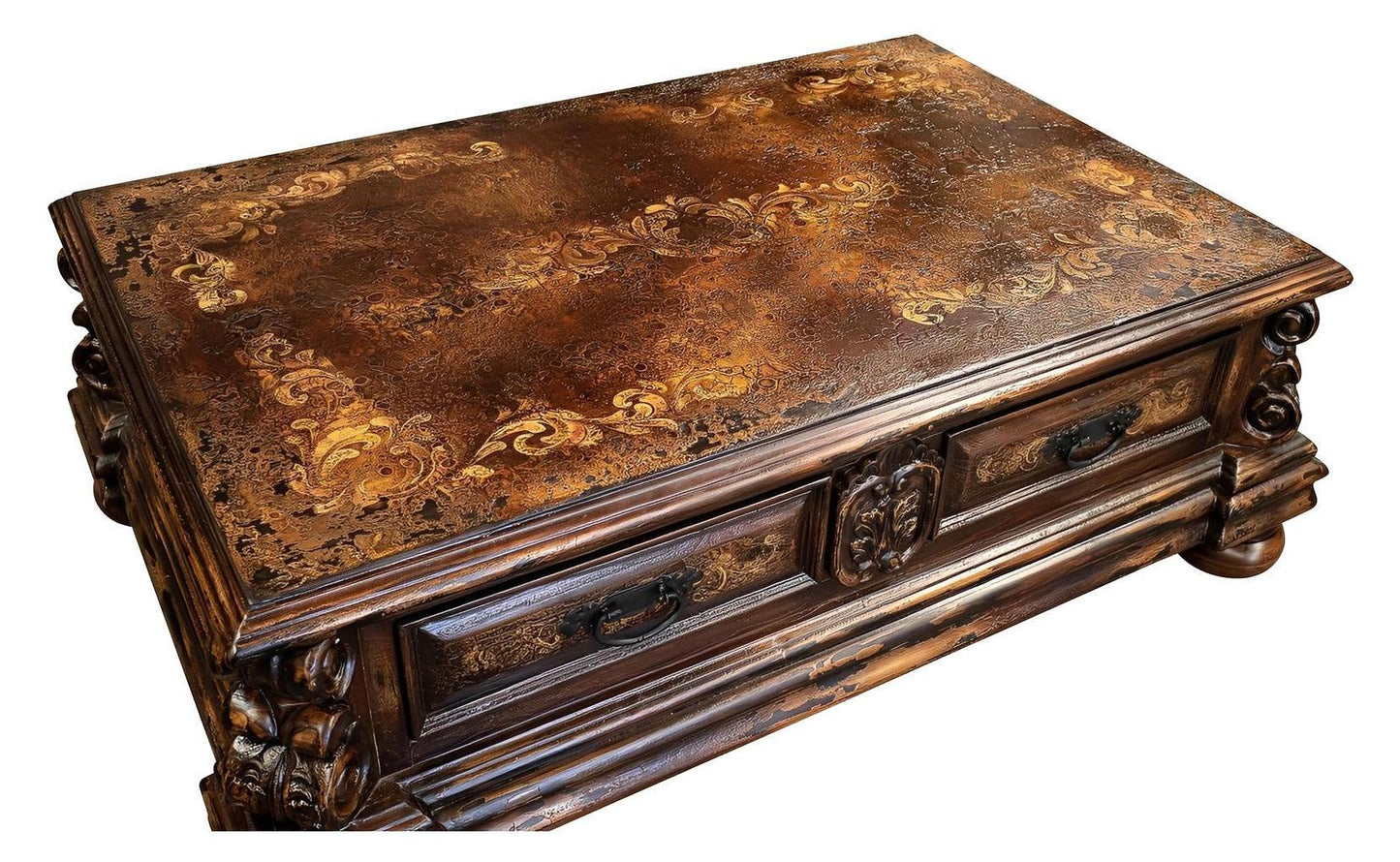 Quillan Coffee table - Rectangle, Antique Brown, Distressed Surface With Ornate Antique-Gold Floral Pattern