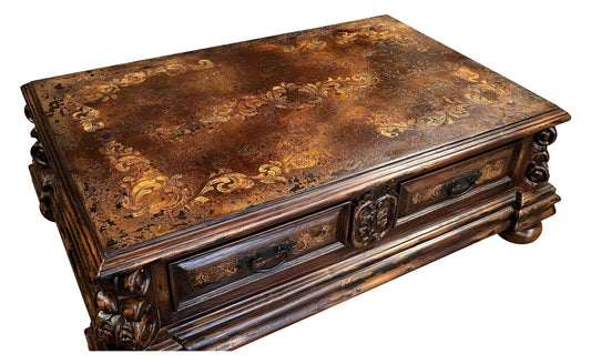 Quillan Coffee table - Rectangle, Antique Brown, Distressed Surface With Ornate Antique-Gold Floral Pattern