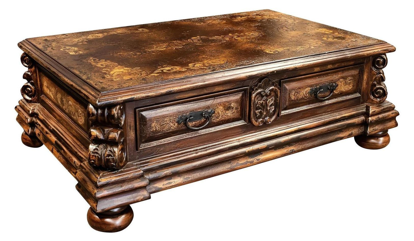Quillan Coffee table - Rectangle, Antique Brown, Distressed Surface With Ornate Antique-Gold Floral Pattern