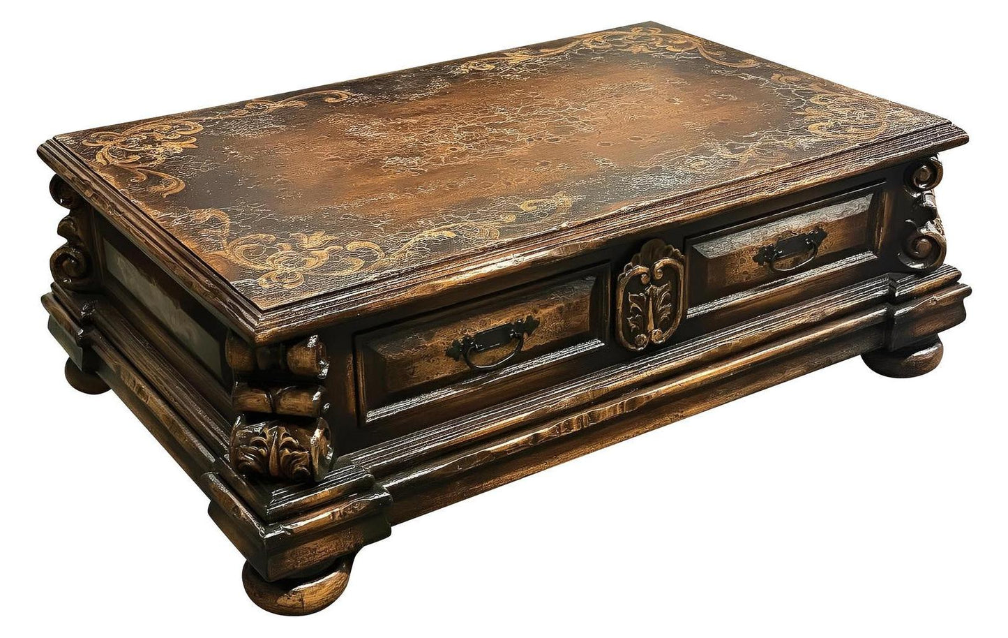 Pujols Coffee table - Rectangle, Antique Dark Brown, Hand Carved Ornate Scroll Detailing