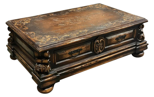 Pujols Coffee table - Rectangle, Antique Dark Brown, Hand Carved Ornate Scroll Detailing