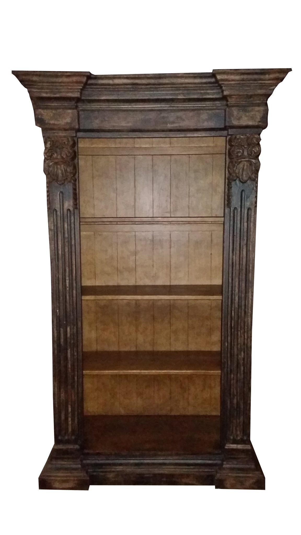 Coutances Bookcase, Dark Walnut, Hand-Carved Corinthian-Style Columns And Crowned Pediment