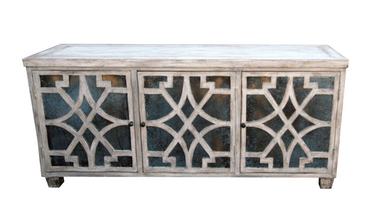 Lisbon Weathered Gray Dining Room Buffet Table With Mirrored Doors, 80W x 20.5H x 36.5D