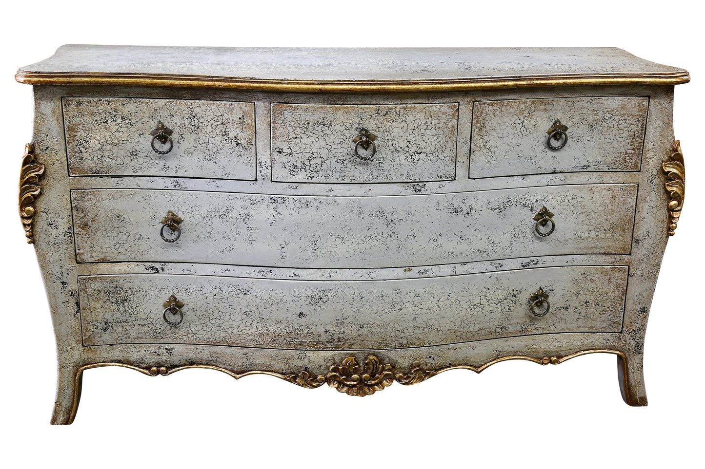 Lavaur Dresser, Distressed White With Gold Accents, Ornate Floral Detailing And Cabriole Legs