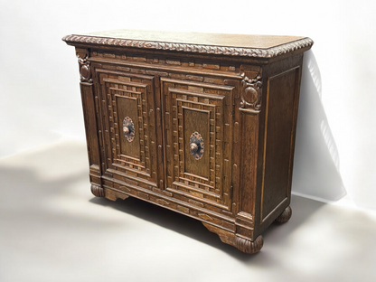 Lectoure Chest, Antique Brown, Hand Crafted Geometric Panel Details With Rosette Hardware
