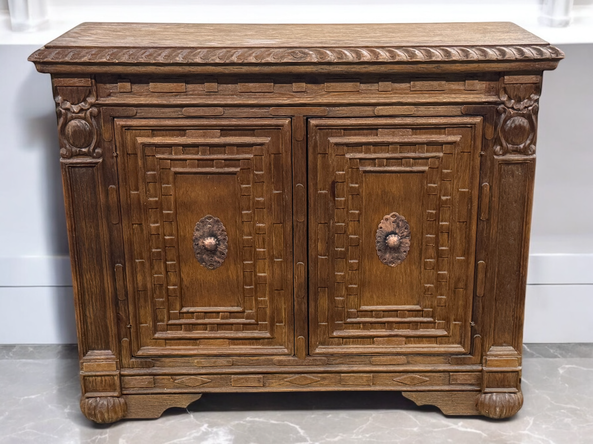 Lectoure Chest, Antique Brown, Hand Crafted Geometric Panel Details With Rosette Hardware